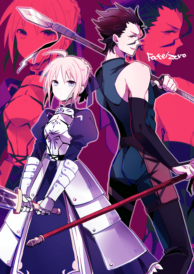 artoria pendragon, saber, and diarmuid ua duibhne (fate and 1 more) drawn by 50yen_(gojiue)