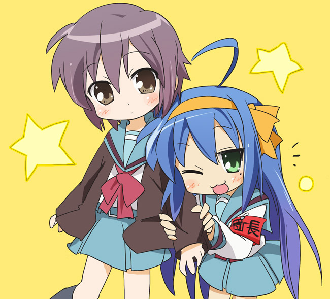 suzumiya haruhi, nagato yuki, izumi konata, and hirano aya (suzumiya haruhi no yuuutsu and 1 more) drawn by ixy