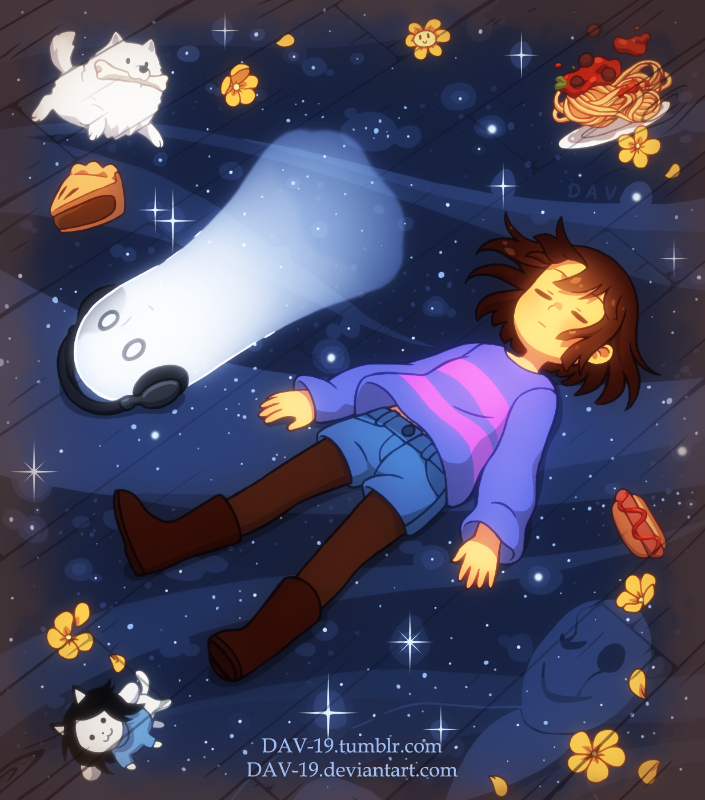 frisk, flowey, annoying dog, napstablook, temmie, and 1 more (undertale) drawn by dav-19