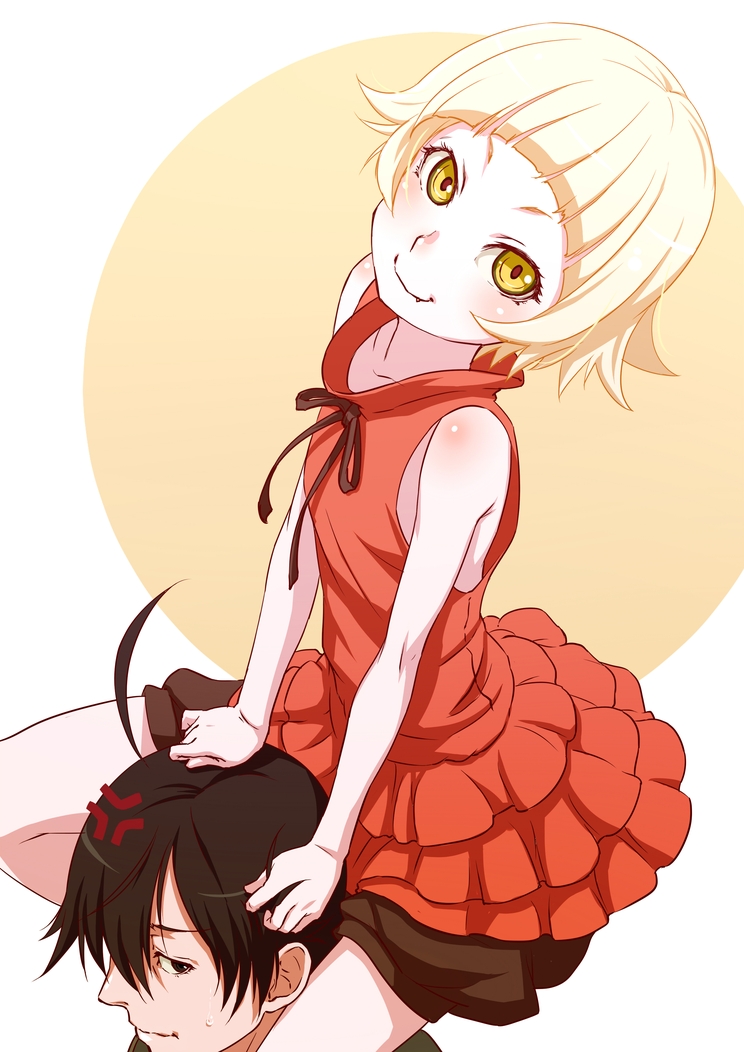 oshino shinobu, araragi koyomi, and kiss-shot acerola-orion heart-under-blade (monogatari and 1 more) drawn by sjw_kazuya