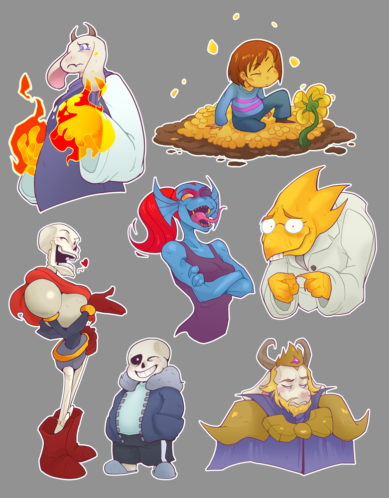 frisk, sans, undyne, papyrus, toriel, and 2 more (undertale) drawn by palidoozy-art