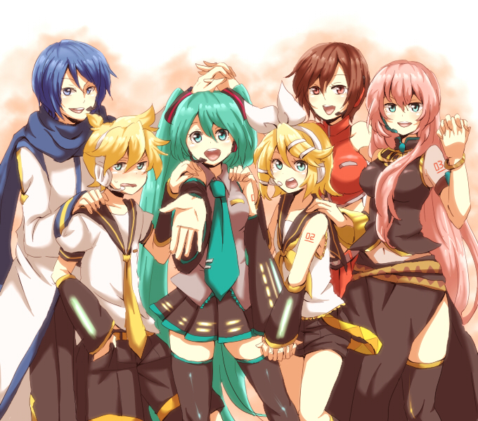hatsune miku, kagamine rin, kagamine len, megurine luka, kaito, and 1 more (vocaloid) drawn by akasata