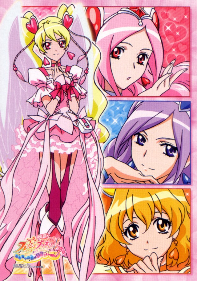 higashi setsuna, momozono love, cure peach, yamabuki inori, aono miki, and 3 more (precure and 1 more) drawn by kagawa_hisashi