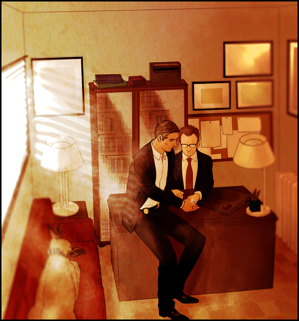 john reese, harold finch, and bear (person of interest) drawn by tabomi