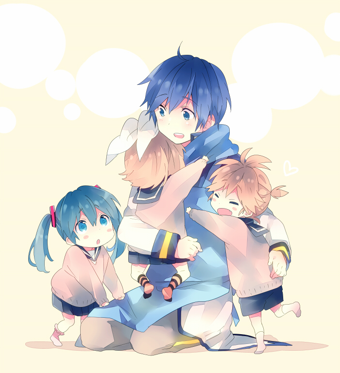 hatsune miku, kagamine rin, kagamine len, and kaito (vocaloid) drawn by ousaka_nozomi