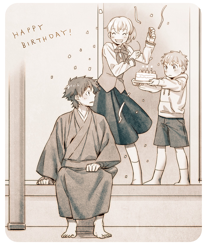 emiya shirou, emiya kiritsugu, and fujimura taiga (fate and 2 more) drawn by taa_(acid)