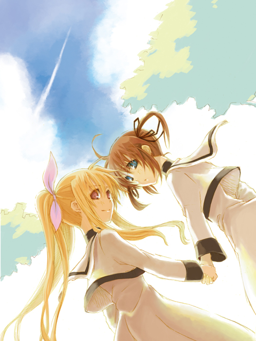 fate testarossa and takamachi nanoha (lyrical nanoha and 2 more) drawn by cosmic_(crownclowncosmic)