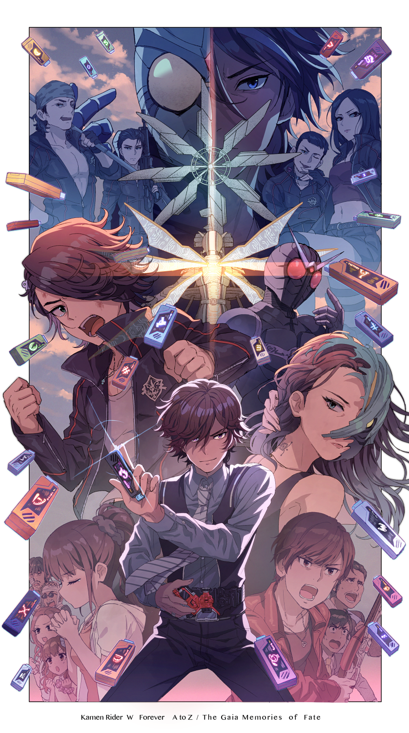 kamen rider double, hidari shoutarou, philip, narumi akiko, kamen rider eternal, and 15 more (kamen rider and 2 more) drawn by shinonoko_(tubamecider)
