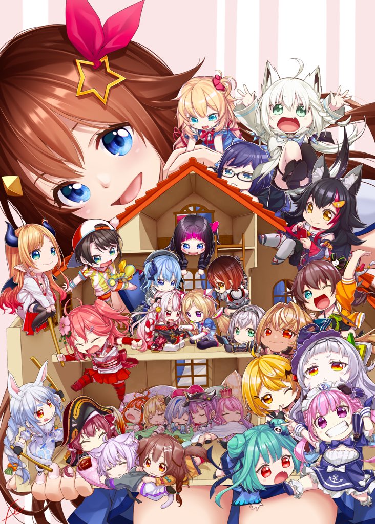 houshou marine, shirakami fubuki, hoshimachi suisei, usada pekora, nekomata okayu, and 26 more (hololive) drawn by fenrir_(fenlil0316)