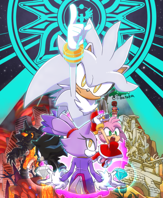amy rose, blaze the cat, princess elise the third, mephiles the dark, and iblis (sonic and 1 more) drawn by chiba_tsukasa