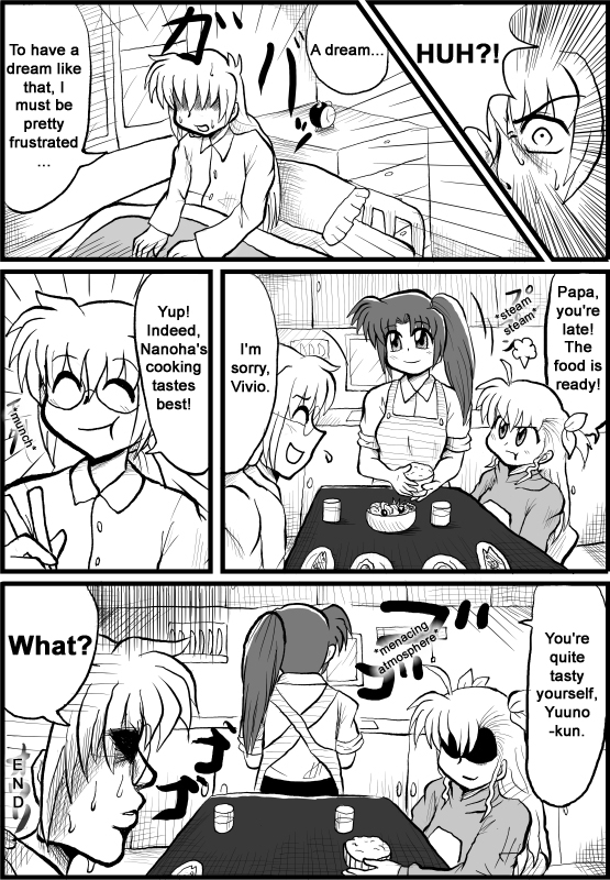 takamachi nanoha, vivio, and yuuno scrya (lyrical nanoha and 1 more) drawn by enokuma_uuta