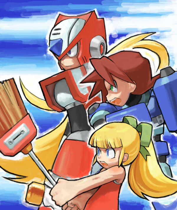 zero, roll, and mega man volnutt (mega man and 3 more) drawn by kin_niku