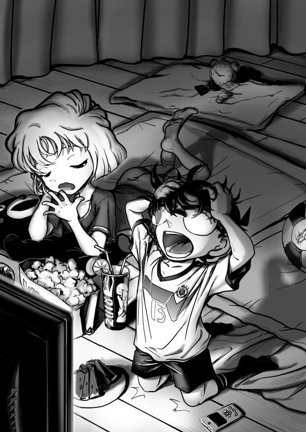 edogawa conan, haibara ai, and kumamon (original and 3 more) drawn by luskainn