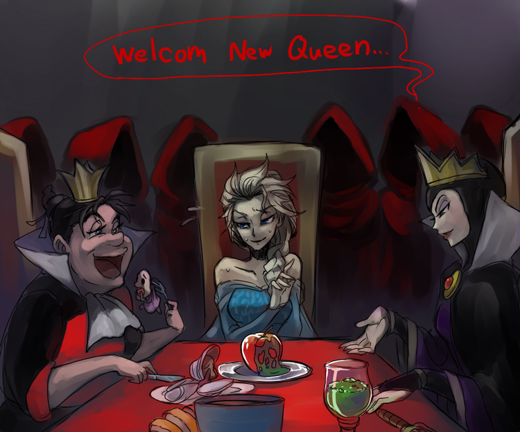 elsa, queen grimhilde, and queen of hearts (frozen and 3 more) drawn by murai_shinobu