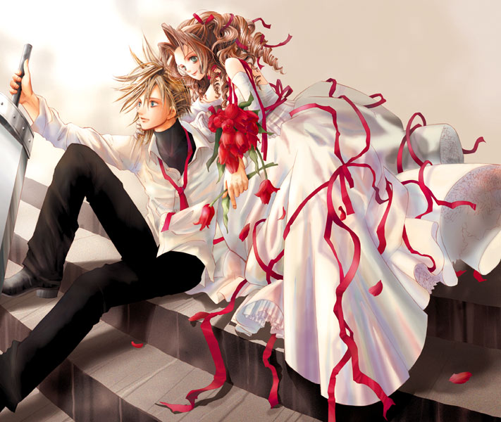cloud strife and aerith gainsborough (final fantasy and 1 more) drawn by kiyose_nodoka