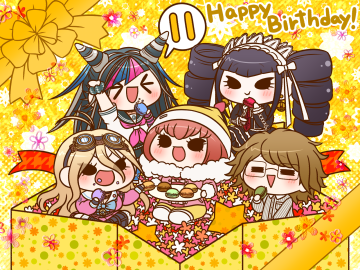 iruma miu, celestia ludenberg, mioda ibuki, ando ruruka, and fujisaki taichi (danganronpa and 5 more) drawn by yumaru_(marumarumaru)