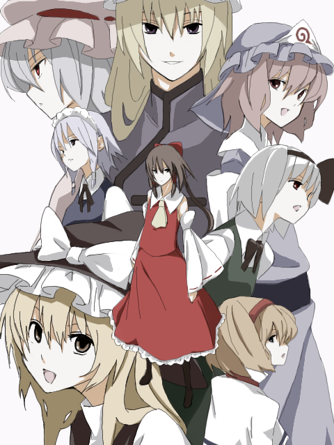hakurei reimu, kirisame marisa, remilia scarlet, izayoi sakuya, konpaku youmu, and 3 more (touhou) drawn by kajiki
