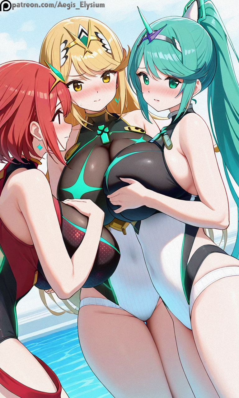 pyra, mythra, and pneuma (xenoblade chronicles and 1 more) drawn by aegis_elysium