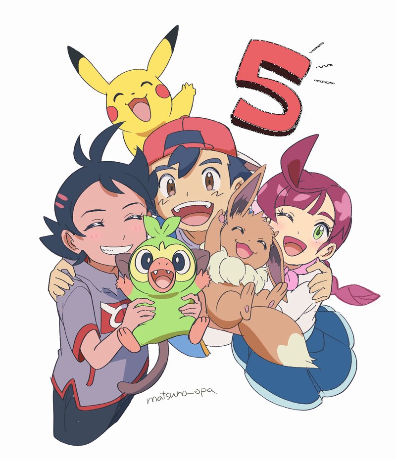 pikachu, ash ketchum, eevee, grookey, goh, and 1 more (pokemon and 1 more) drawn by matsuno_opa