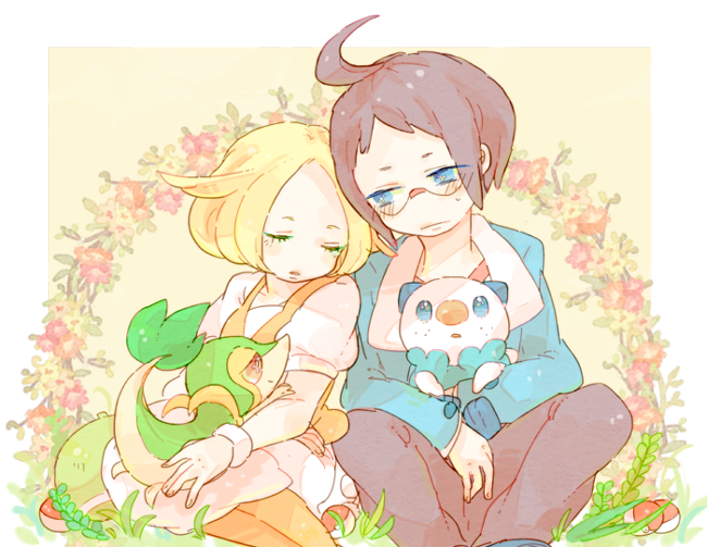 oshawott, snivy, bianca, and cheren (pokemon and 1 more) drawn by katiko