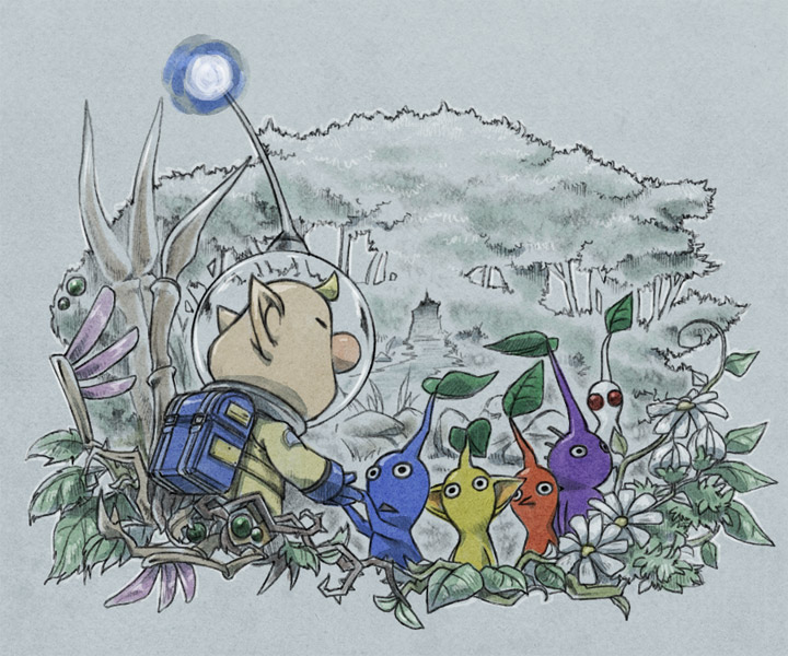 red pikmin, yellow pikmin, blue pikmin, purple pikmin, white pikmin, and 1 more (pikmin and 1 more) drawn by naru_(wish_field)