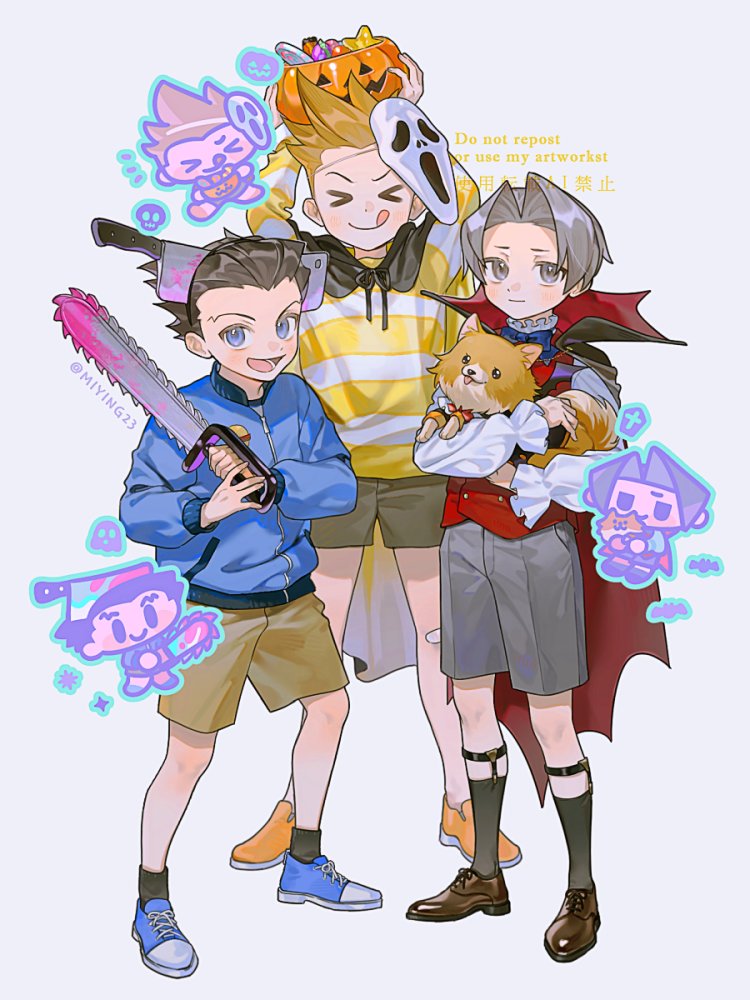 phoenix wright, miles edgeworth, larry butz, and missile (ace attorney) drawn by miying_(ho_ru03_15)