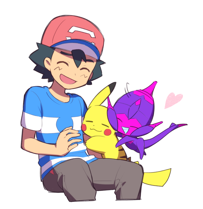pikachu, ash ketchum, and poipole (pokemon and 1 more) drawn by ame_(ame025)