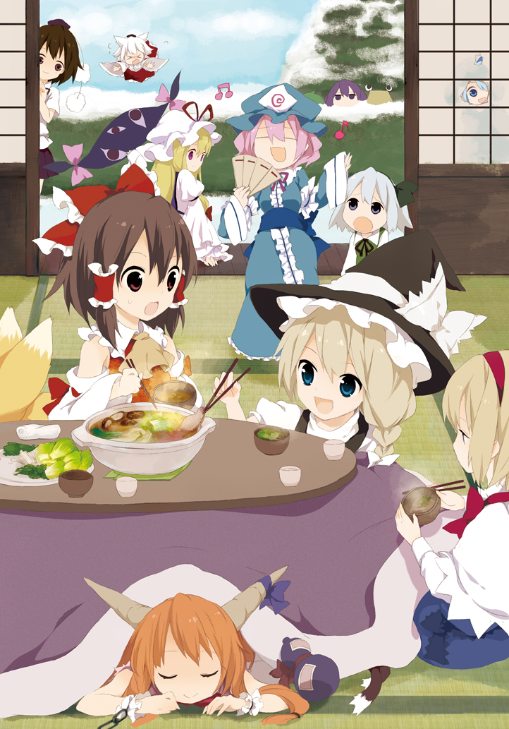 hakurei reimu, kirisame marisa, kochiya sanae, konpaku youmu, alice margatroid, and 10 more (touhou) drawn by fujiyama