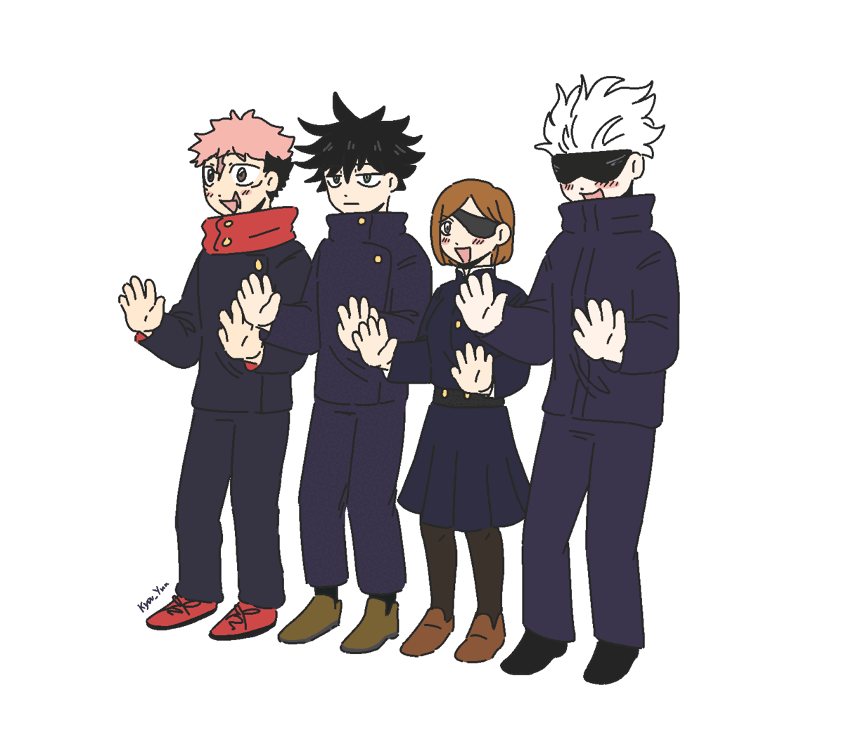 gojou satoru, itadori yuuji, fushiguro megumi, and kugisaki nobara (jujutsu kaisen and 1 more) drawn by kyou_(luo_xingjie)