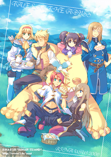 tear grants, luke fon fabre, anise tatlin, natalia luzu kimlasca lanvaldear, jade curtiss, and 3 more (tales of and 1 more) drawn by usui_rina