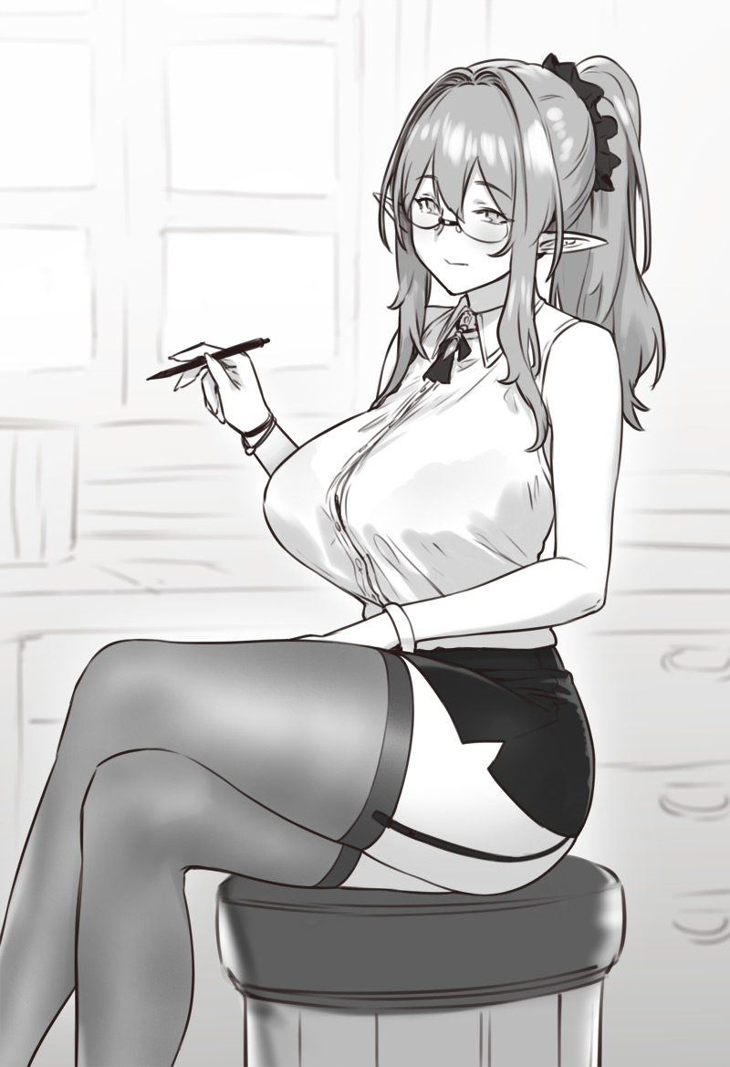 brown haired glasses elf (original) drawn by houtengeki