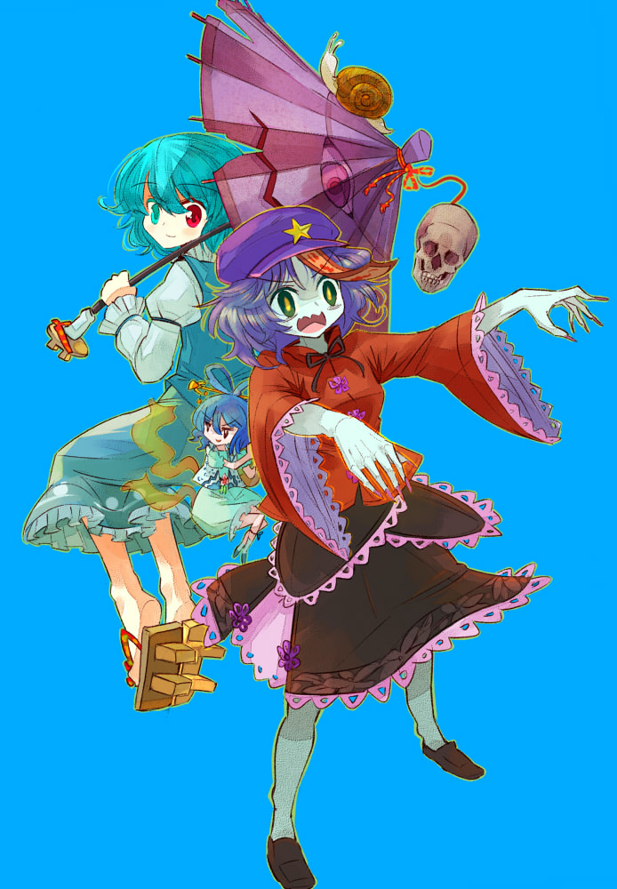 tatara kogasa, kaku seiga, and miyako yoshika (touhou) drawn by uma_(ninjin_misaki)