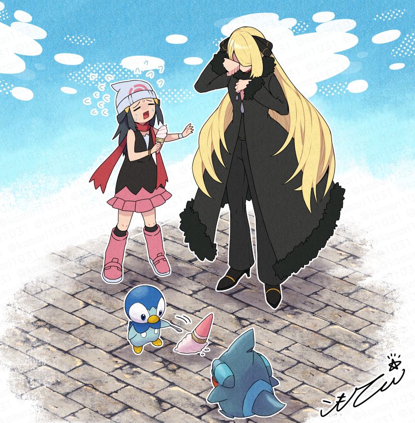 dawn, cynthia, piplup, and gible (pokemon and 1 more) drawn by komoten_(yuigadokusontei)