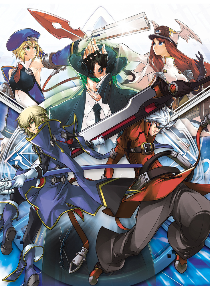 noel vermillion, ragna the bloodedge, jin kisaragi, tsubaki yayoi, and hazama (blazblue)