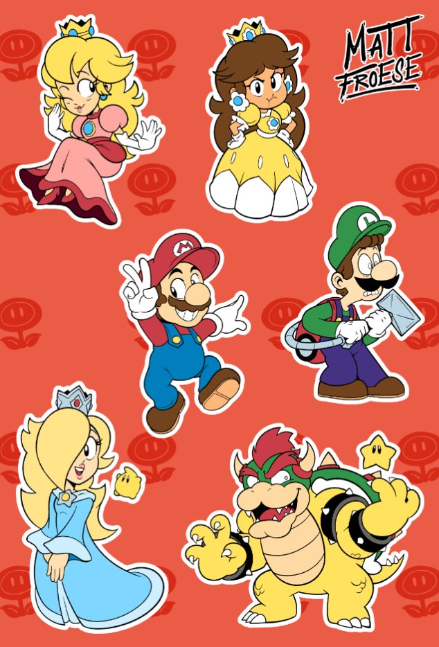 princess peach, mario, rosalina, luigi, princess daisy, and 2 more (mario and 1 more) drawn by matt_froese