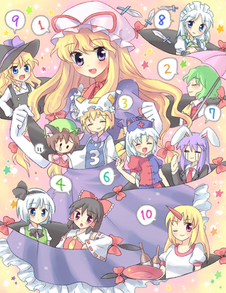 hakurei reimu, kirisame marisa, izayoi sakuya, konpaku youmu, yakumo yukari, and 6 more (touhou) drawn by kuguri_oimo