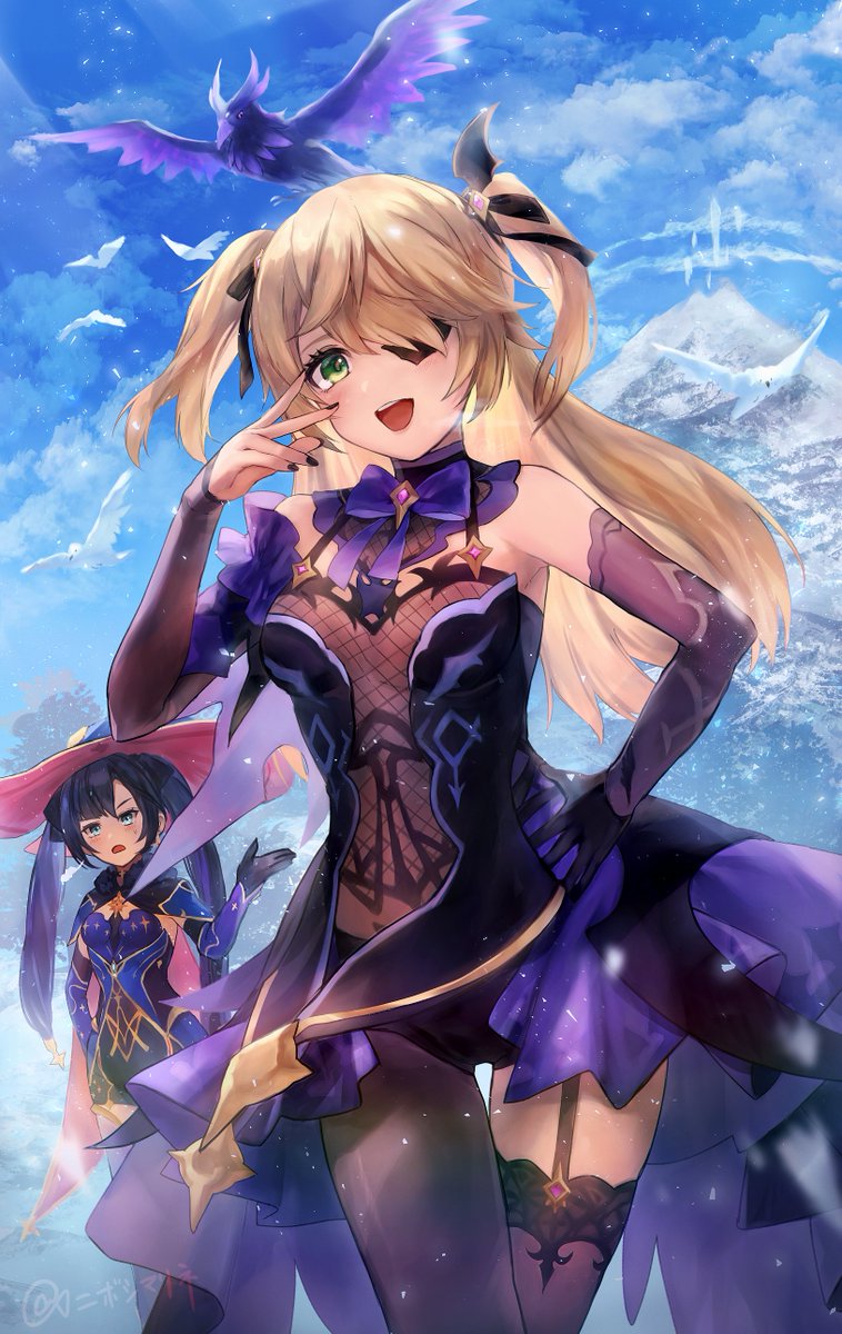 mona, fischl, and oz (genshin impact) drawn by niboshi_marine