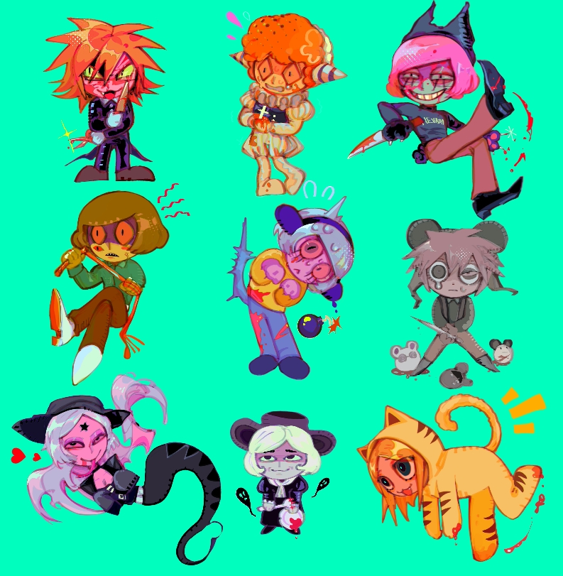 randal ivory, nyon, nyen, luther von ivory, sebastian de tomato smith chicken legs, and 4 more (randal's friends) drawn by devilban