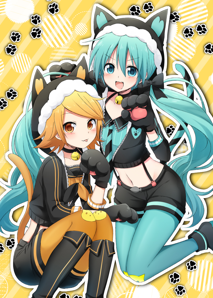 hatsune miku and kagamine rin (vocaloid and 2 more) drawn by 