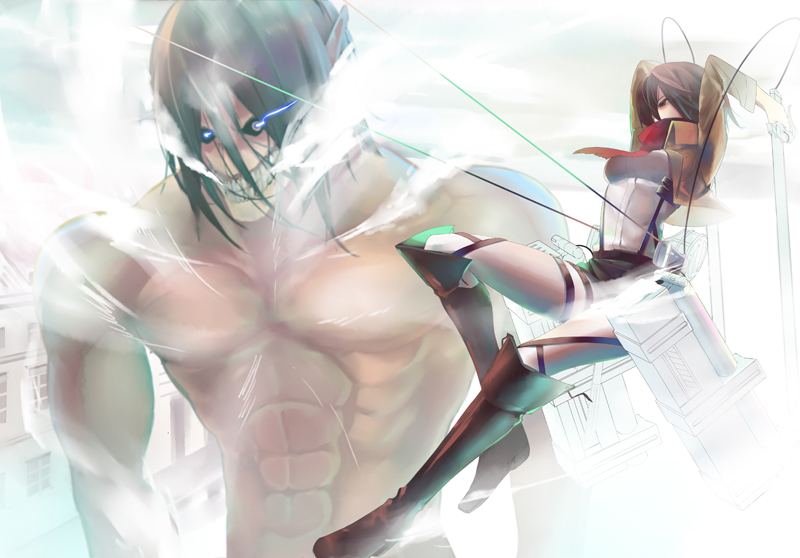 mikasa ackerman, titan, and rogue titan (shingeki no kyojin) drawn by geolim
