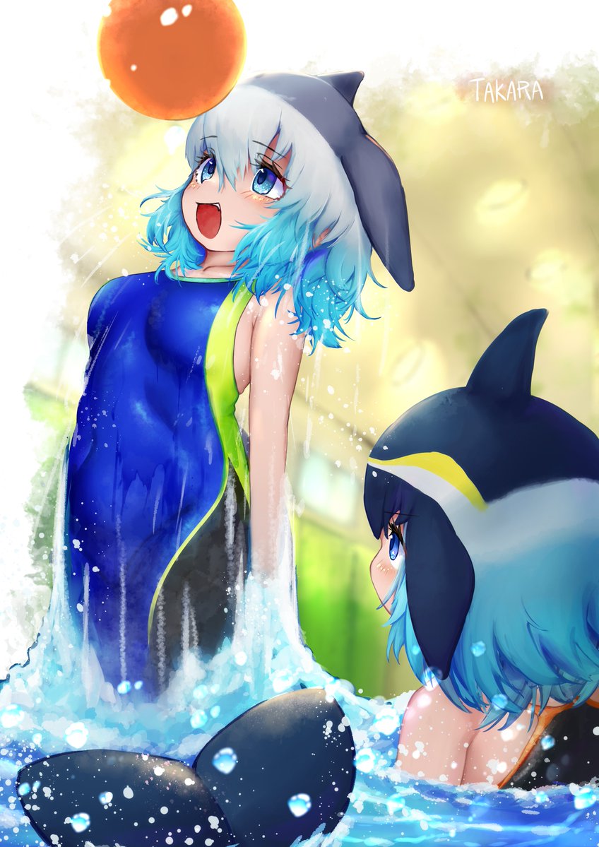 common dolphin and common bottlenose dolphin (kemono friends) drawn by takara_(takara0508)