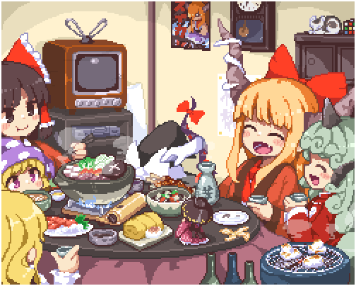 hakurei reimu, kirisame marisa, yakumo yukari, ibuki suika, clownpiece, and 2 more (touhou) drawn by kumamoto_(bbtonhk2)