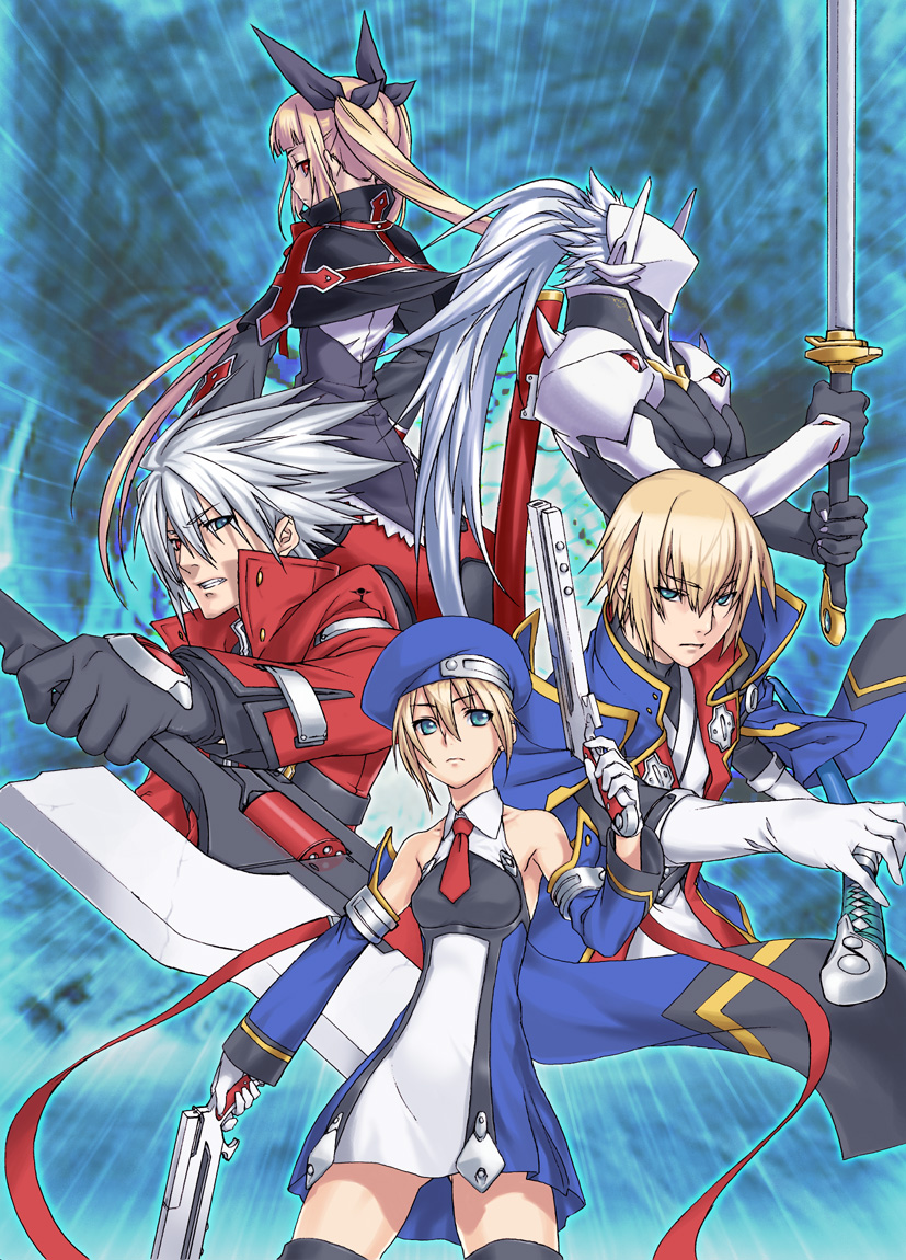 noel vermillion, ragna the bloodedge, rachel alucard, jin kisaragi, and hakumen (blazblue) drawn by 212_(kisaragi)