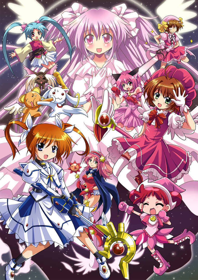 kaname madoka, kyubey, takamachi nanoha, kinomoto sakura, ultimate madoka, and 9 more (mahou shoujo madoka magica and 10 more) drawn by colonel_aki