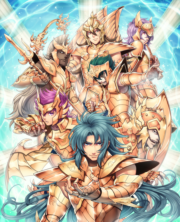gemini kanon, kraken isaac, sorrento, scylla eo, hippocampus baian, and 2 more (saint seiya) drawn by enmto
