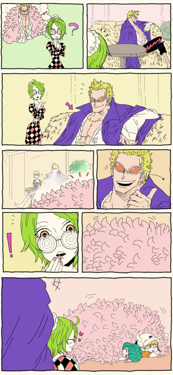 donquixote doflamingo, monet, sugar, and dellinger (one piece) drawn by mawari28