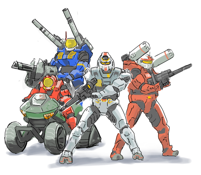 rx-78-2 gundam, gm, guncannon, and guntank (gundam and 2 more) drawn by dandy_(superdive43)