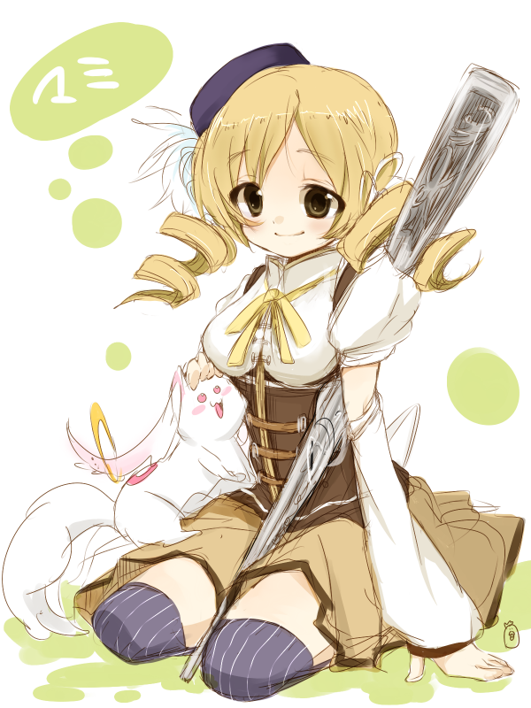 tomoe mami and kyubey (mahou shoujo madoka magica) drawn by natsu_(norari_kurari)
