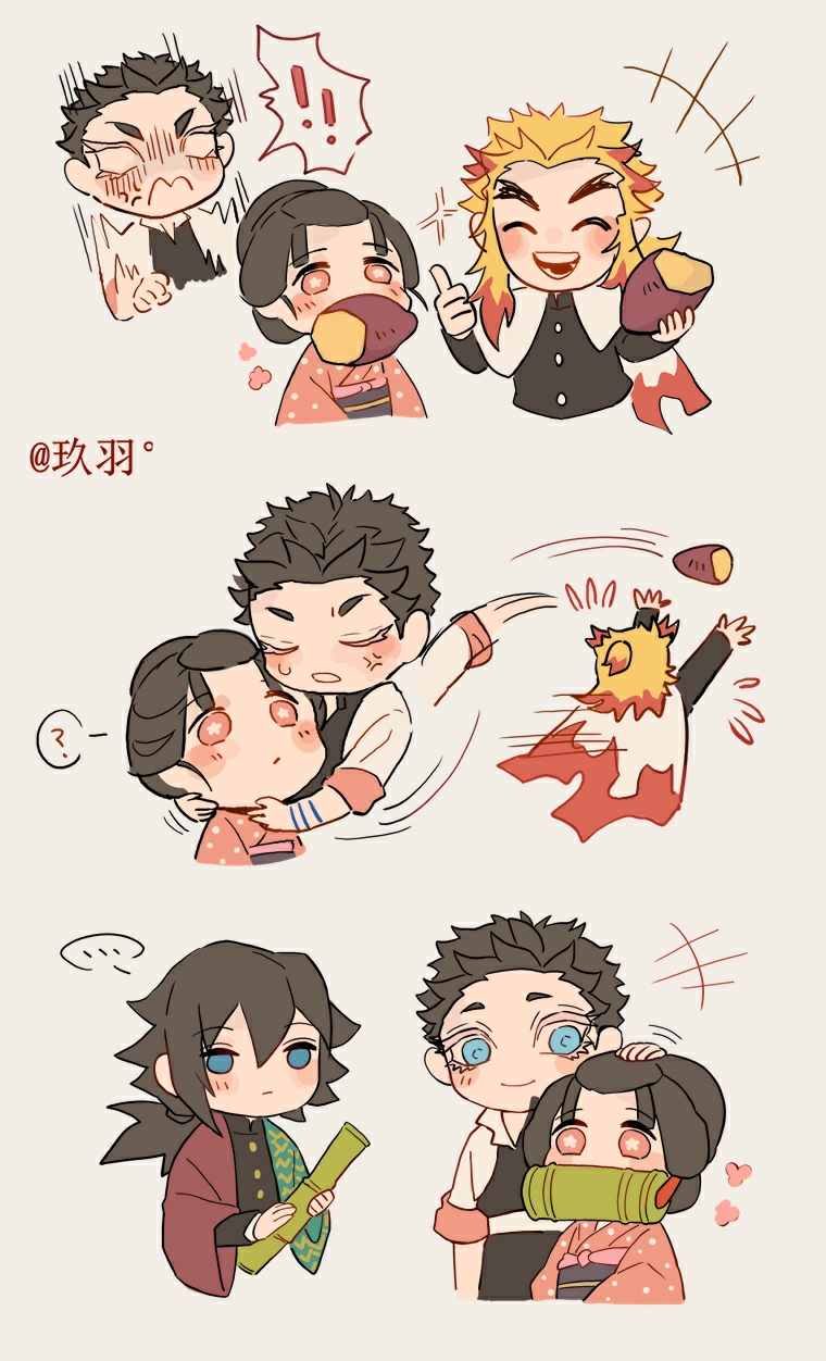 rengoku kyoujurou, tomioka giyuu, koyuki, and hakuji (kimetsu no yaiba) drawn by jiuyu0