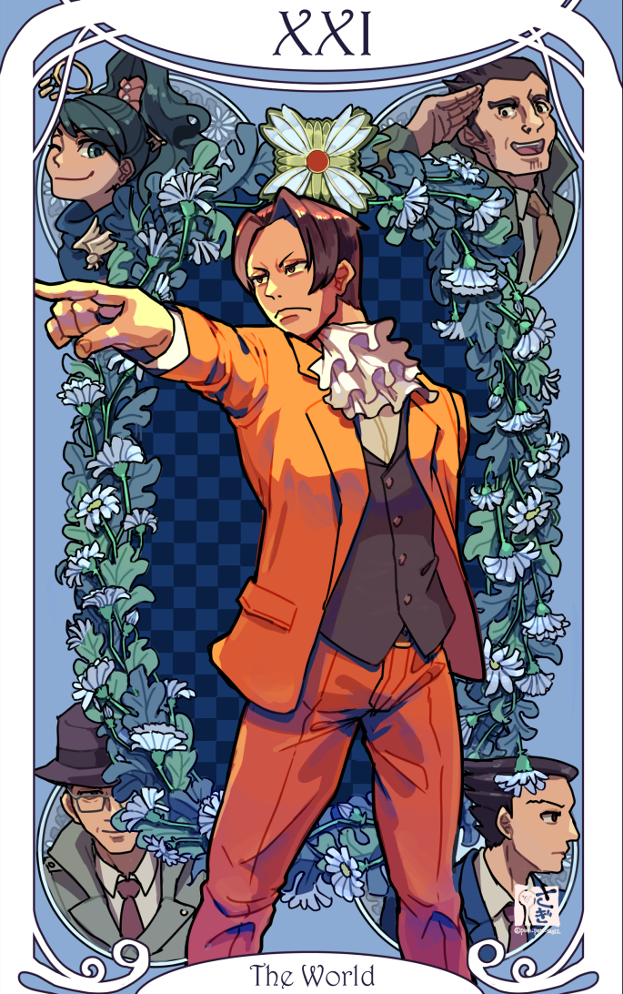 phoenix wright, miles edgeworth, dick gumshoe, kay faraday, and gregory edgeworth (ace attorney and 1 more) drawn by saginoko